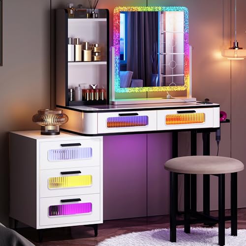 Sogesfurniture Rgb Makeup Vanity Table With Wireless Charging Station - Spacious & Versatile Design