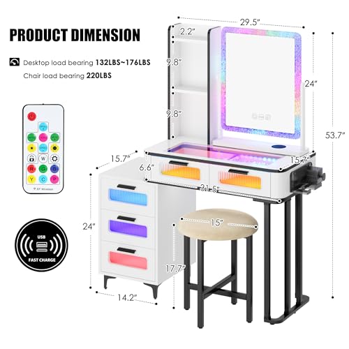 Sogesfurniture Rgb Makeup Vanity Table With Wireless Charging Station - Spacious & Versatile Design