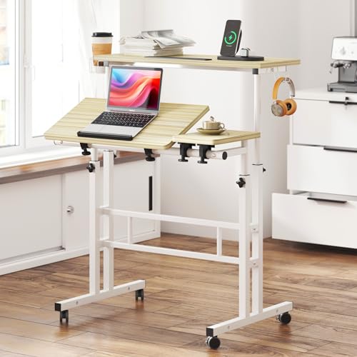 Soges Height Adjustable Rolling Desk With Cup Holder & Headphone Hook