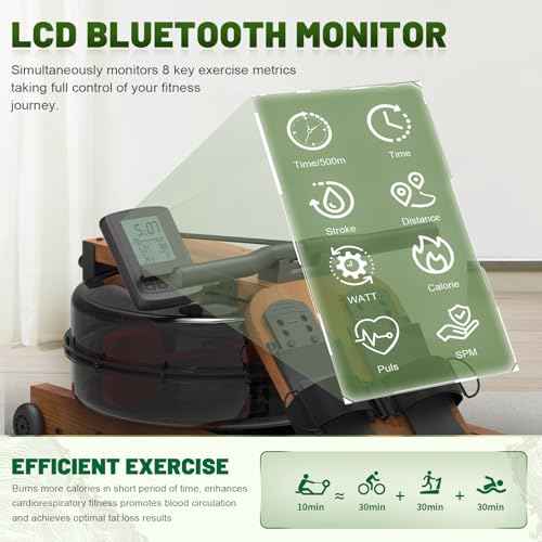 Kitopa Oak Wood Rowing Machine With Bluetooth Monitor & Adjustable Holder