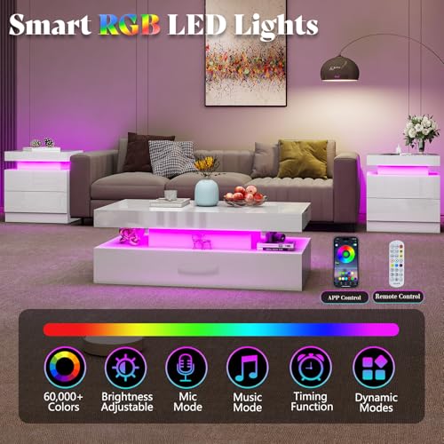 Amerlife High Gloss Led Coffee Table - Modern Design With Remote Control