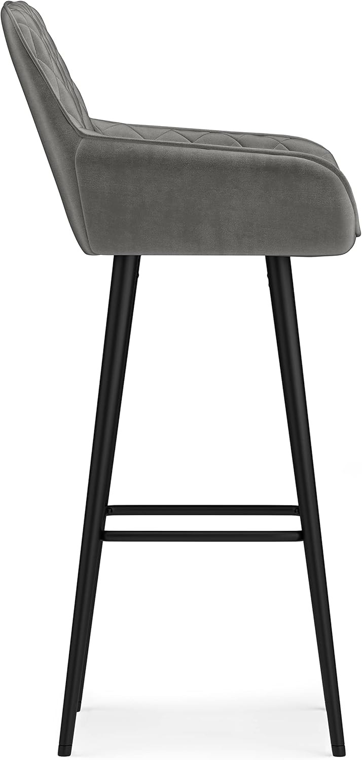 SIMPLIHOME Garey Bar Stool Set - Grey Velvet Fabric and Black Legs