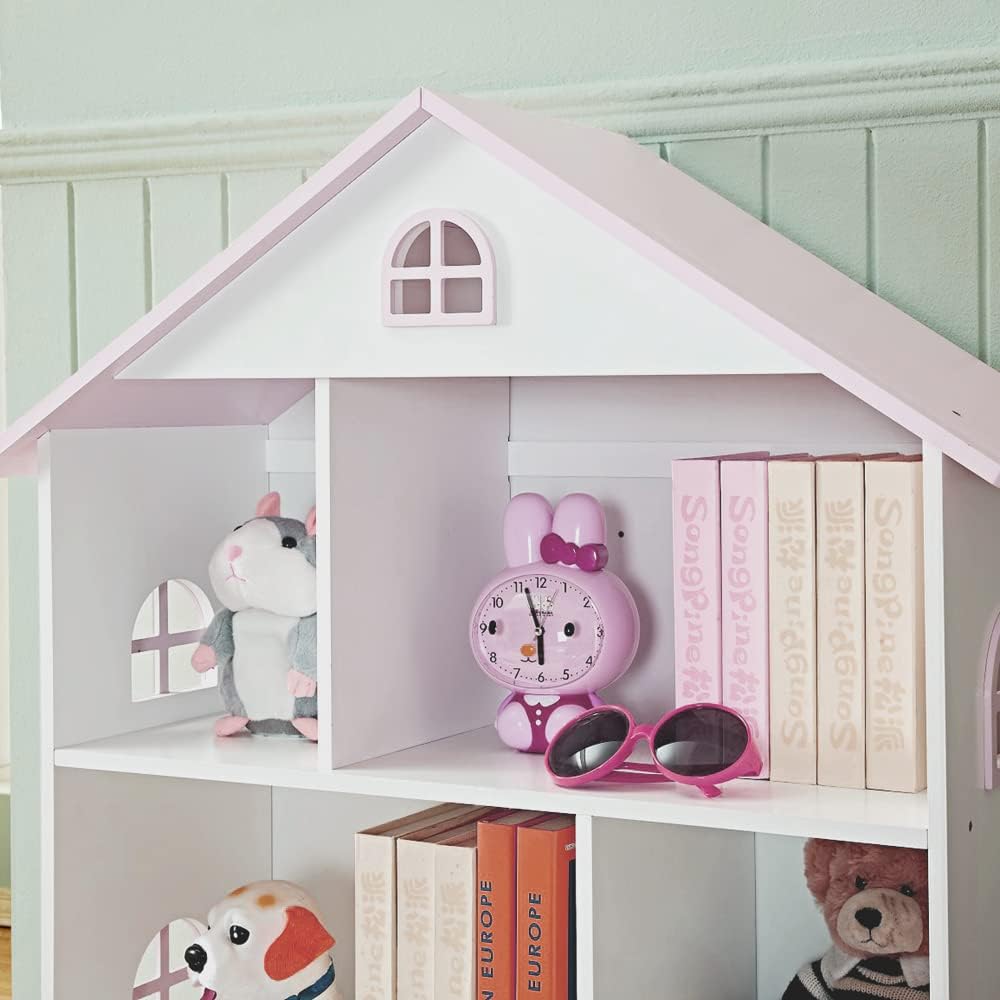 Generic Wooden Dollhouse Bookshelf - Pink White, 3-Tier Storage Organizer for Kids