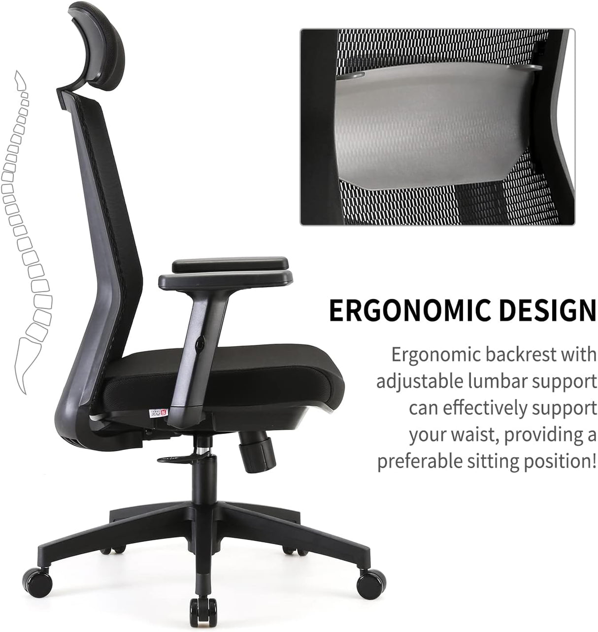 SIHOO Ergonomic Office Chair - Black with Adjustable Lumbar Support