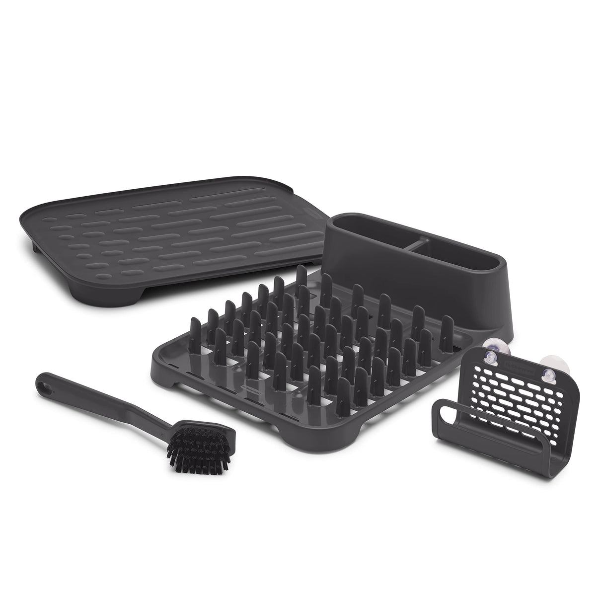Rubbermaid Sink Set in Raven Grey, includes dish drying rack, drain board, brush, and sponge caddy.