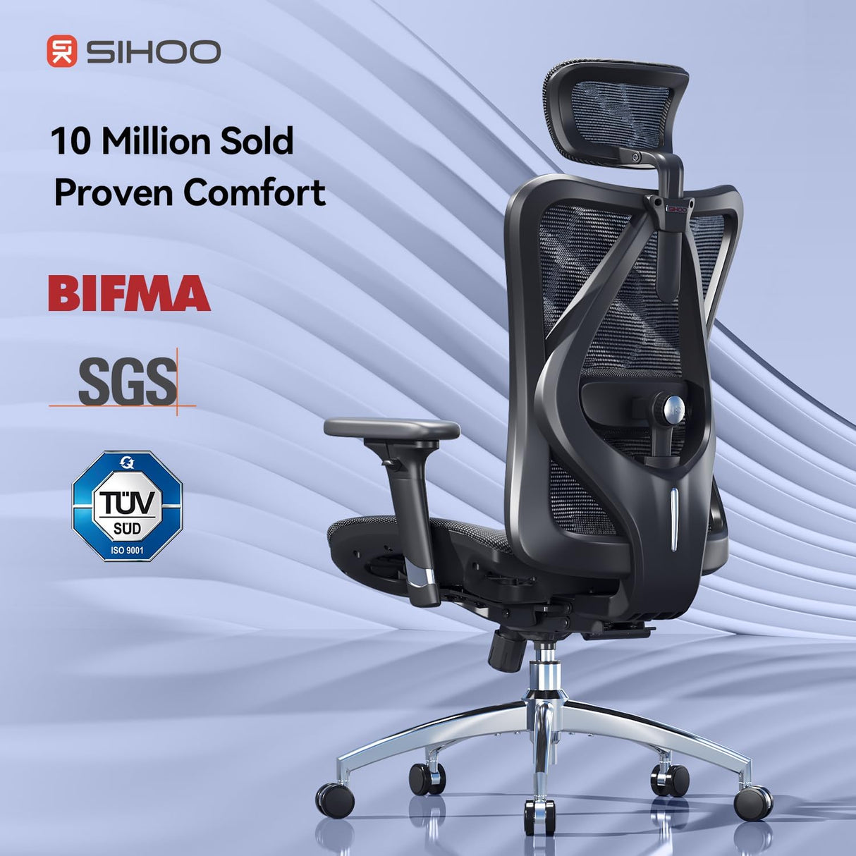 SIHOO M57 Ergonomic Office Chair - Black with adjustable headrest and lumbar support