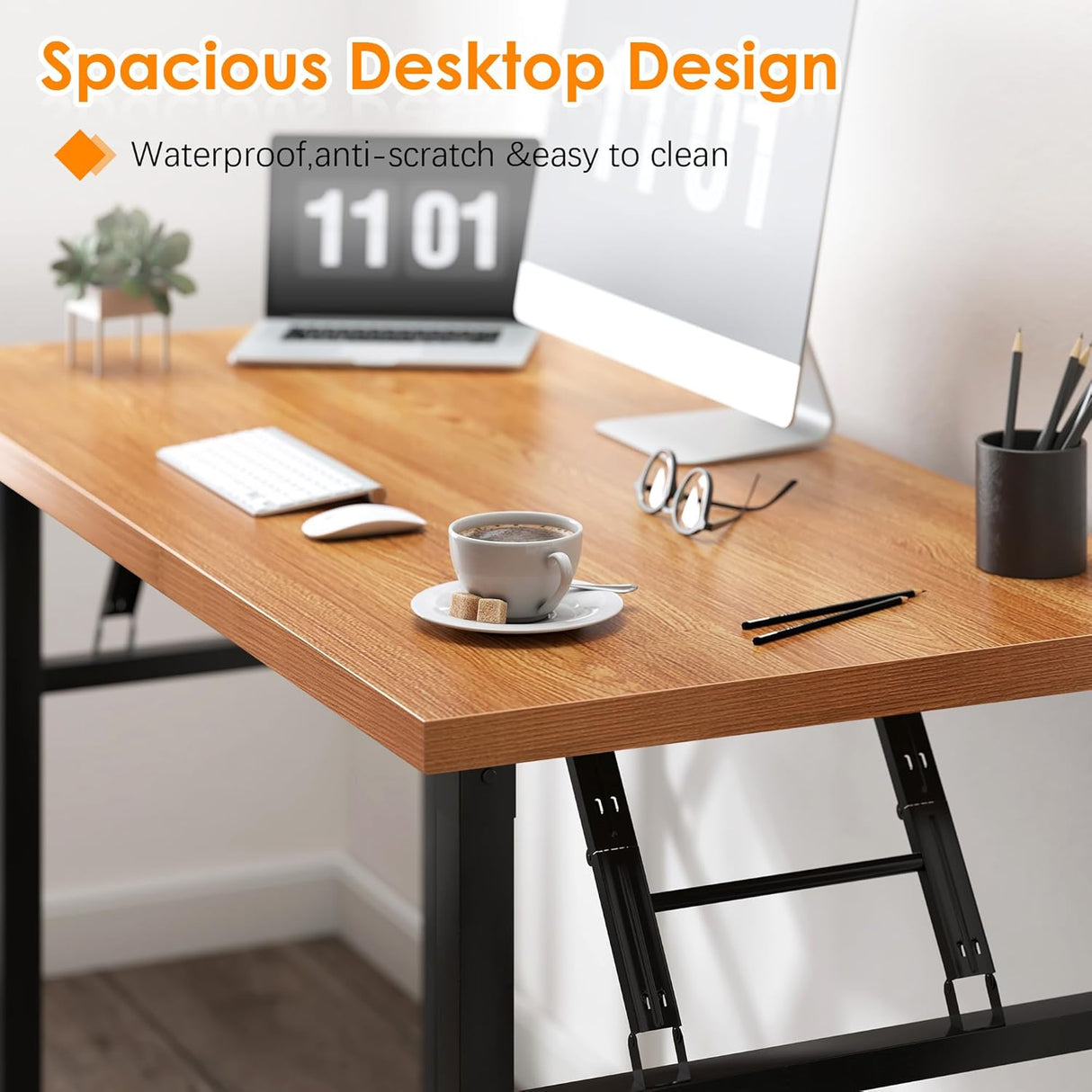 Need Folding Computer Desk - 31.5 Inch Teak Wood Top, Black Frame, No Assembly