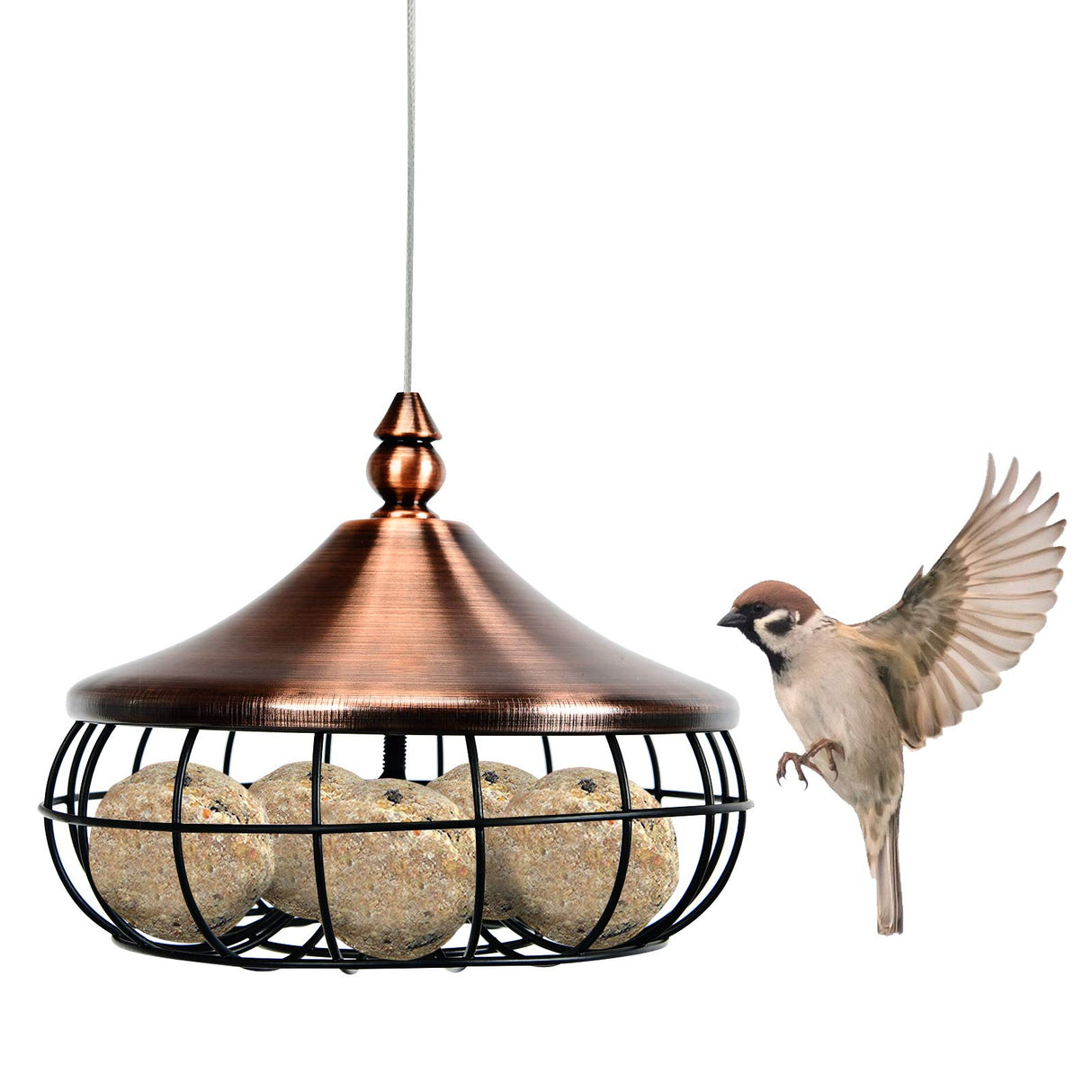 DREAMADE Hanging Bird Feeder with protective cage and easy refill design