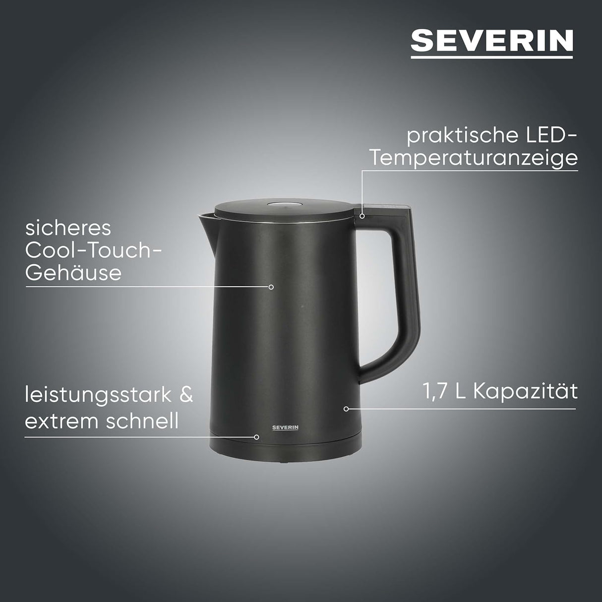 SEVERIN Cool-Touch Double-Walled Kettle - 1.7L Black with LED Temperature Feedback