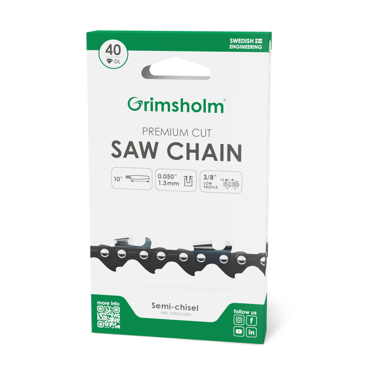 Grimsholm Saw Chain 40 DL, 3/8 Low Profile - semi-chisel German steel