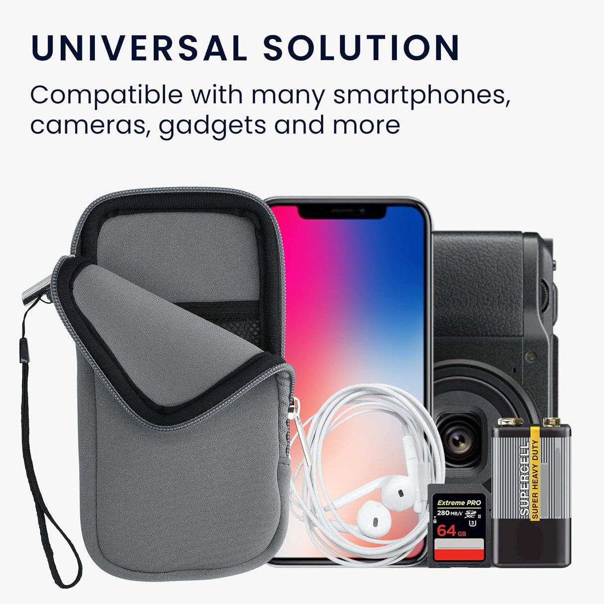 kwmobile Neoprene Phone Pouch - Stone Dust with Zipper and Wrist Strap