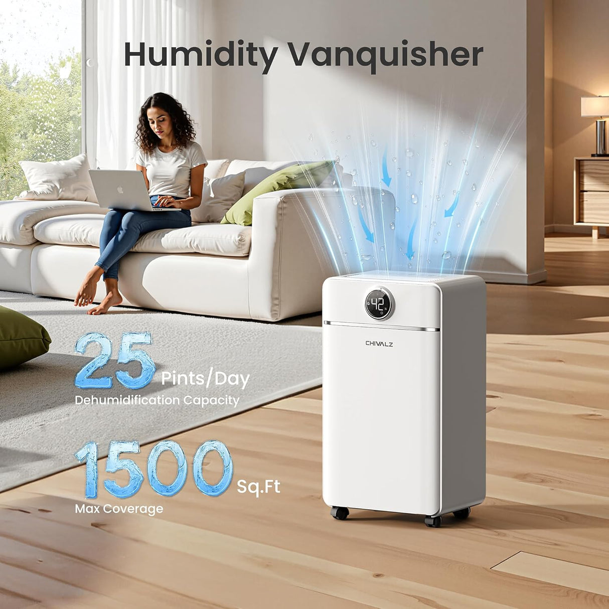 CHIVALZ 12L/24H Dehumidifiers for Home, Bedroom & Bathroom, LED Display and 24H Timer, Interior Dehumidifier with Automatic Defrosting, 2L Water Tank & Drainage Hose, White, 1 Pack+3 Modes