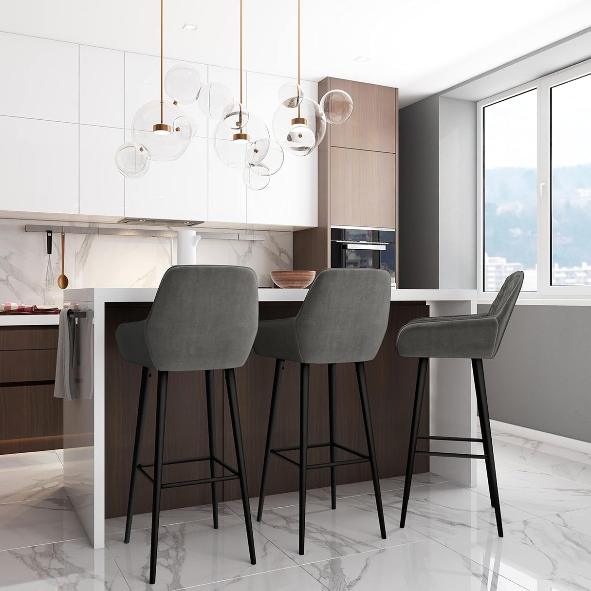 SIMPLIHOME Garey Bar Stool Set - Grey Velvet Fabric and Black Legs