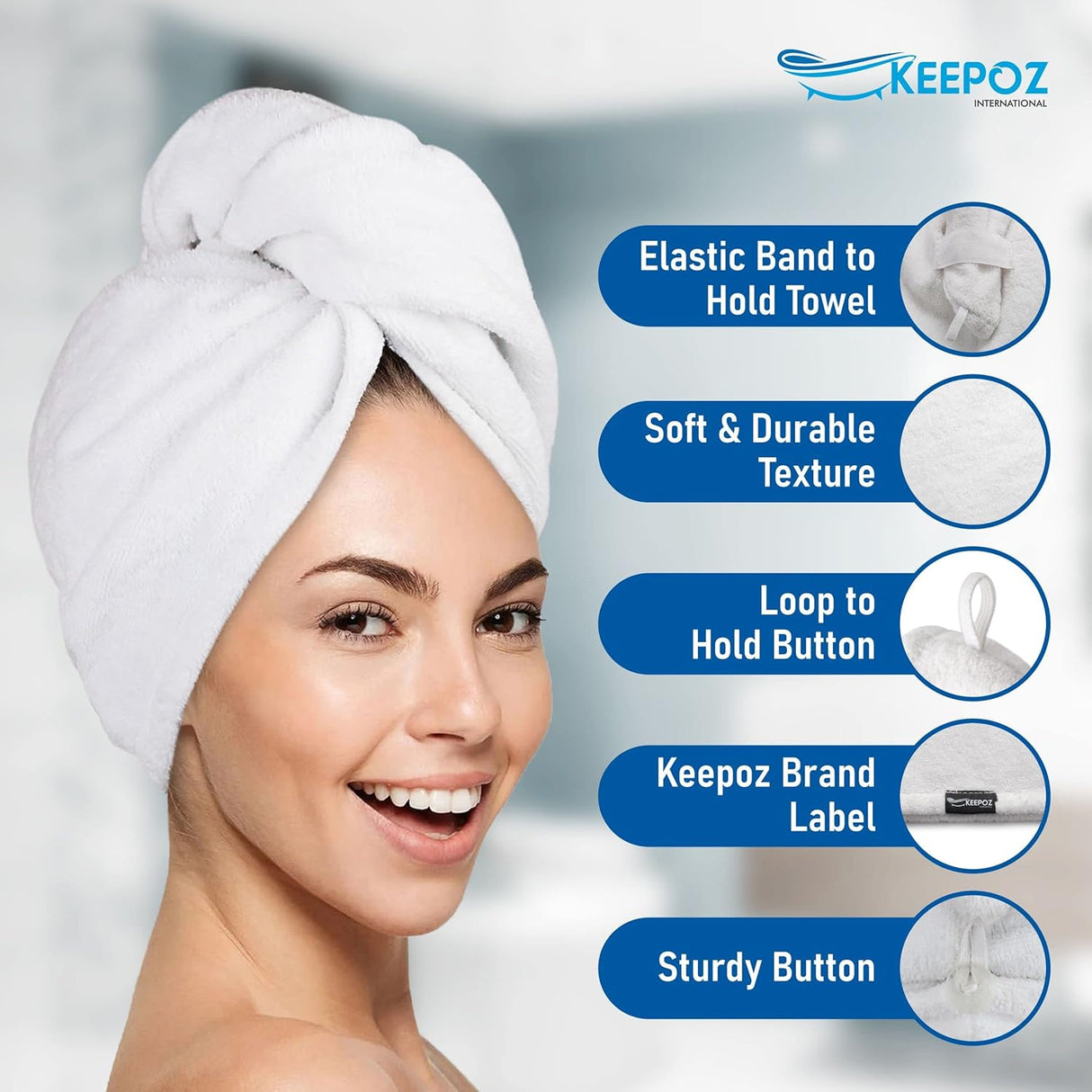 KEEPOZ 100% Cotton Quick Dry Super Absorbent Hair Turban - White