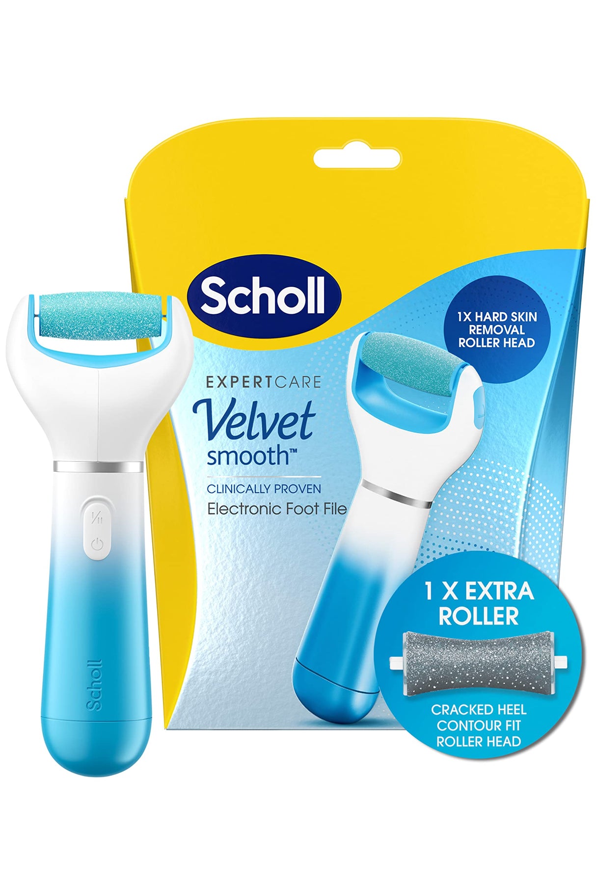 Dr. Scholl's Velvet Smooth Electric Foot File with Cracked Heel Roller, ergonomic design for easy use