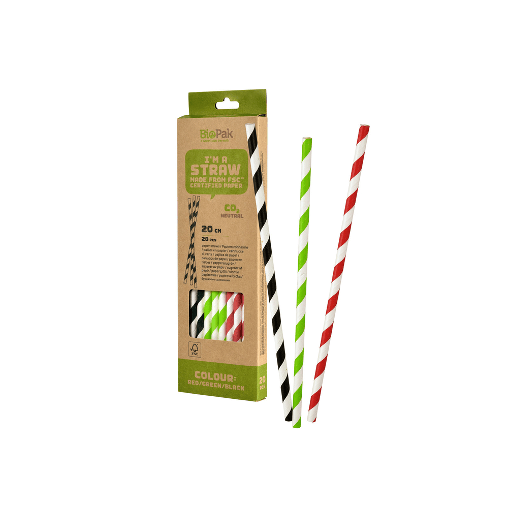 Biopak Paper Straws - Green, Red, Black mix, 20cm