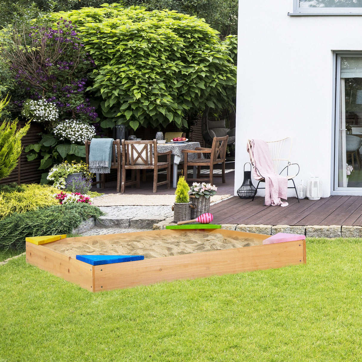 Relaxdays Fir Wood Sandpit with Corner Seats - Outdoor Play