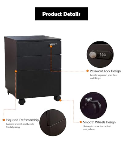 Happy Home Portable File Cabinet With 3 Drawers - Secure Storage For Office Documents