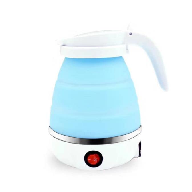 Taitus Mini Foldable Electric Kettle in blue, showcasing its collapsible design and stainless steel material.