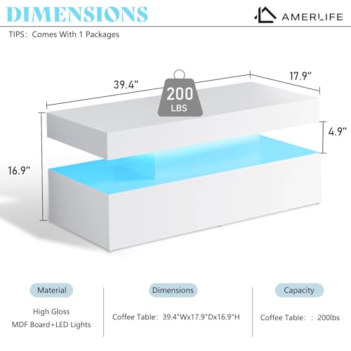 Amerlife High Gloss Led Coffee Table - Modern Design With Remote Control