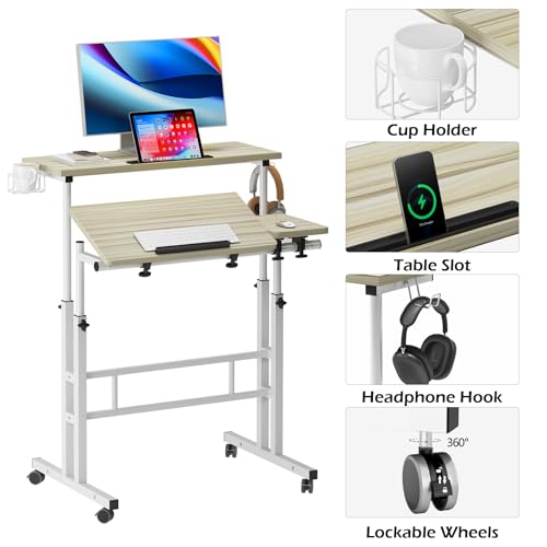 Soges Height Adjustable Rolling Desk With Cup Holder & Headphone Hook