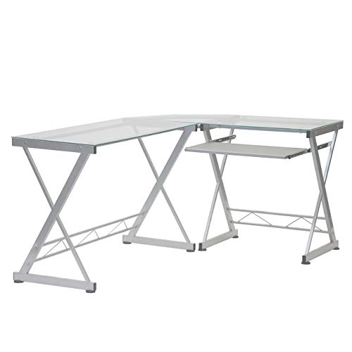 Techni Mobili Tempered Glass L Shape Corner Desk With Pull Out Keyboard Panel - Modern Design