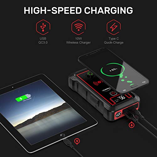 Yaber Car Jump Starter 2500A Peak - Portable Wireless Charger & Led Flashlight