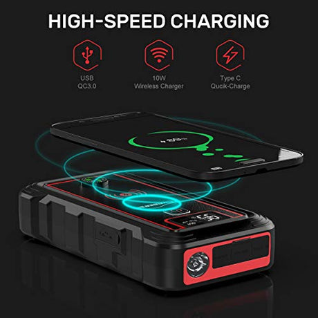Yaber Car Jump Starter 2500A Peak - Portable Wireless Charger & Led Flashlight
