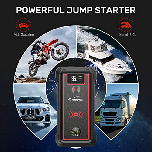 Yaber Car Jump Starter 2500A Peak - Portable Wireless Charger & Led Flashlight