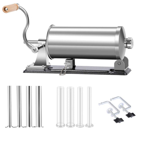 MASTER FENG Stainless Steel Sausage Stuffer with 8 stuffing tubes in a kitchen setting