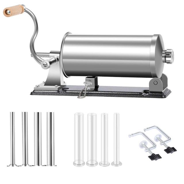 MASTER FENG Stainless Steel Sausage Stuffer with 8 stuffing tubes in a kitchen setting