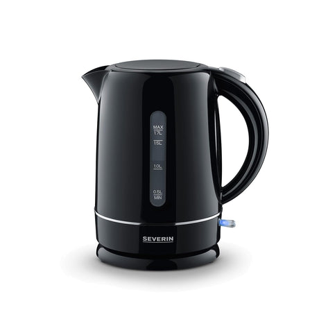 Severin 1.7L Electric Kettle in black with anti-limescale filter and flip-top lid