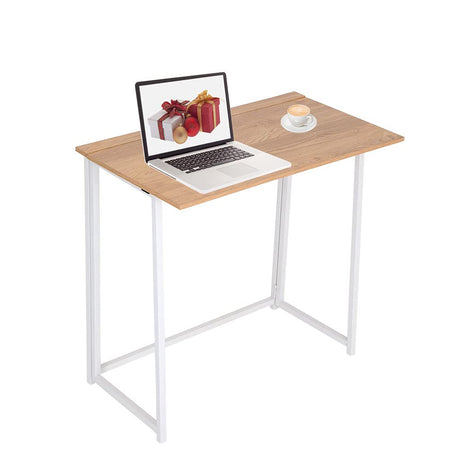 H&H Happy Home Foldable Table Desk in wood and white, featuring a modern design with thick metal legs.