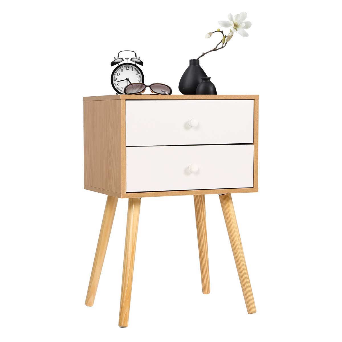 HAPPY & HOME Modern 2 Drawer Bedside Table in brown wood finish with storage drawers