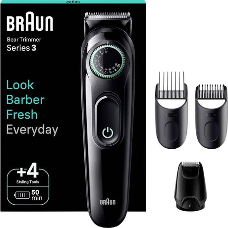 Braun Beard Trimmer BT3421 in Black and Vibrant Green with precision wheel and accessories