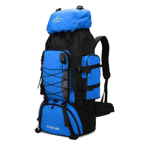 CINGHI LUSSO 90L Hiking Backpack in Black, Red, Blue, and Dark Blue colors, ideal for outdoor adventures.