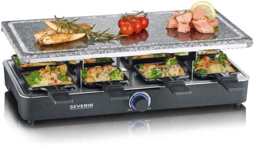 SEVERIN Raclette Party Grill featuring natural grill stone and 8 non-stick pans