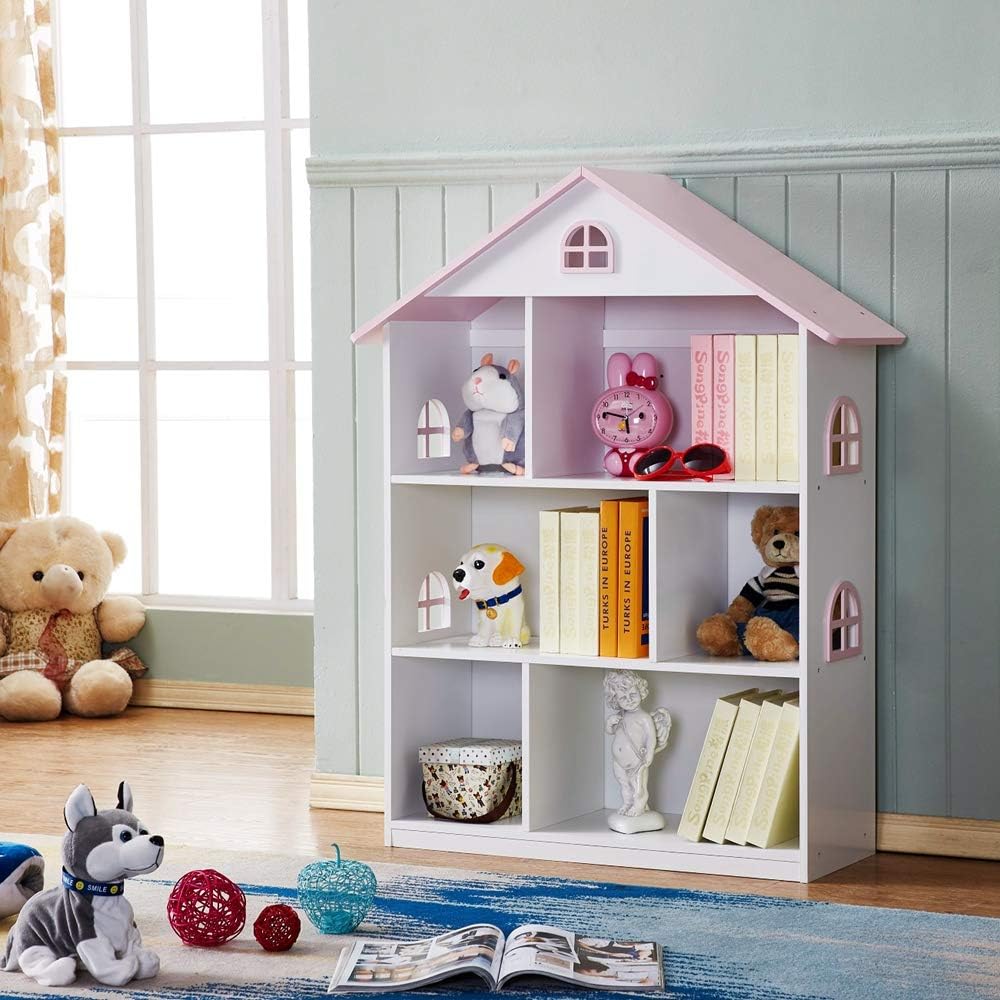 Generic Wooden Dollhouse Bookshelf - Pink White, 3-Tier Storage Organizer for Kids