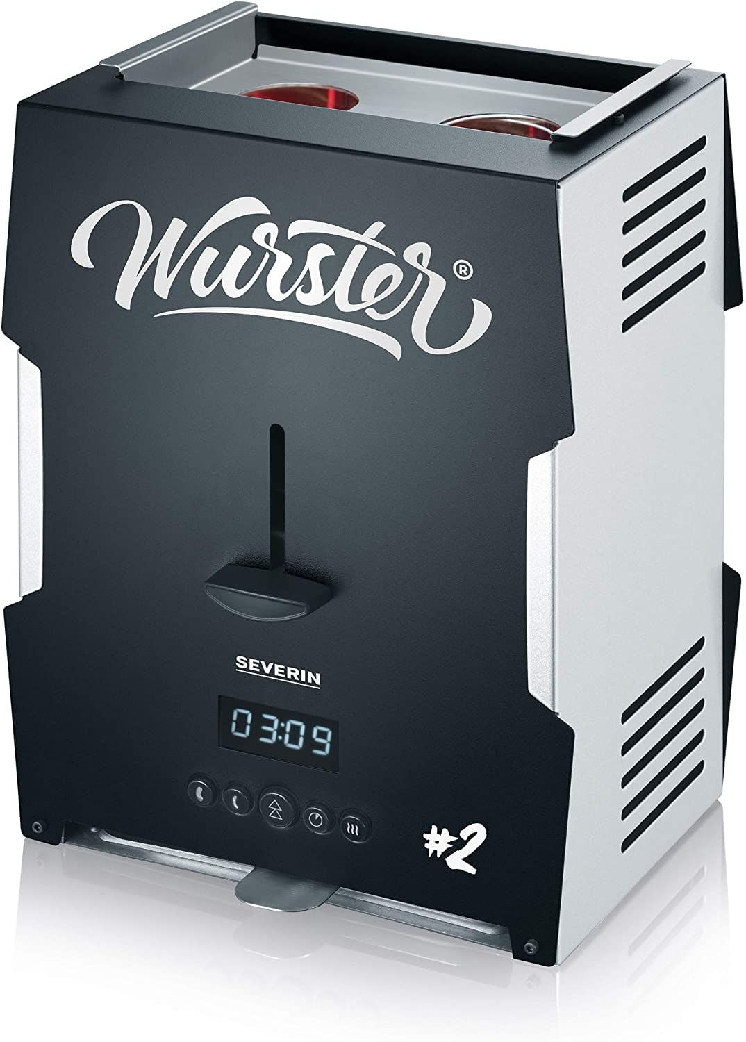 Severin WT 5005 Hot Dog Machine in black and stainless steel with wood tongs
