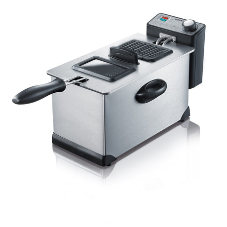 Severin FR 2431 Deep Fryer in stainless steel and black, showcasing its sleek design and features.