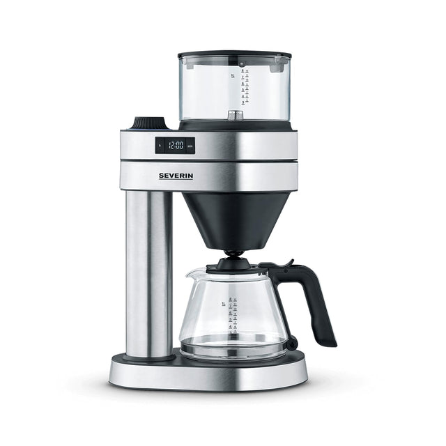 Severin Caprice Drip Coffee Maker in brushed stainless steel and matte black with glass jug and LED display