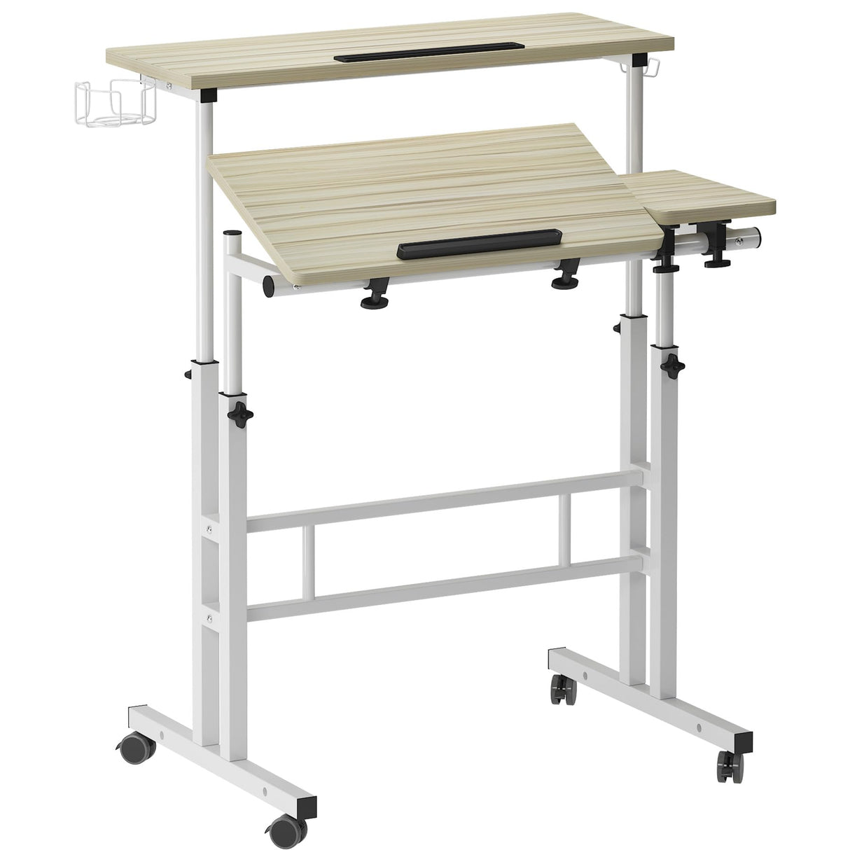 soges 31.5in Height Adjustable Desk with wheels, cup holder, and headphone hook in maple finish