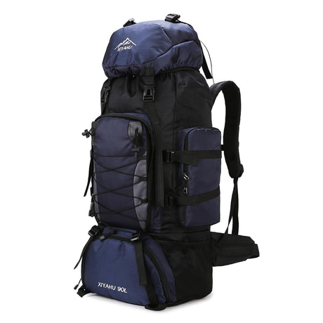 CINGHI LUSSO 90L Hiking Backpack in Black, Red, Blue, and Dark Blue, ideal for outdoor adventures.