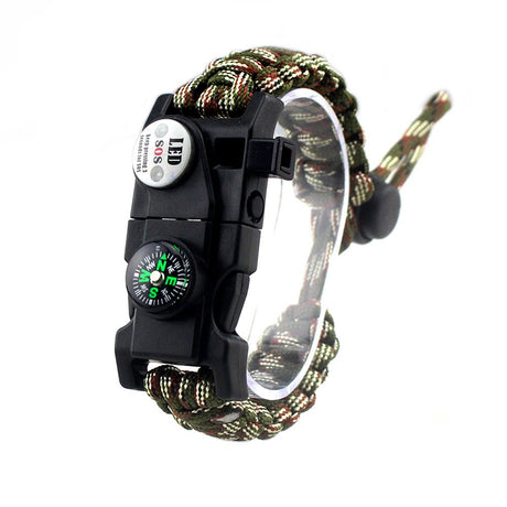 MansWill Adjustable Survival Bracelet with various emergency tools and LED light