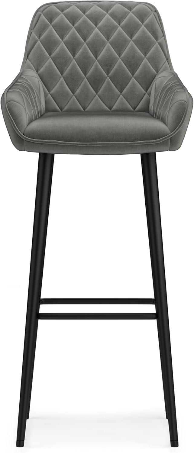 SIMPLIHOME Garey Bar Stool Set - Grey Velvet Fabric and Black Legs