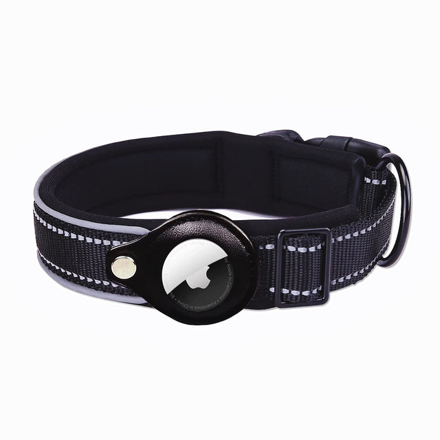 PPBond Reflective Dog Collar in Black with AirTag Holder and Safety Buckle