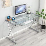 DlandHome Computer Desk with Keyboard Tray, featuring a sleek glass top and sturdy metal frame.