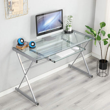 DlandHome Computer Desk with Keyboard Tray, featuring a sleek glass top and sturdy metal frame.