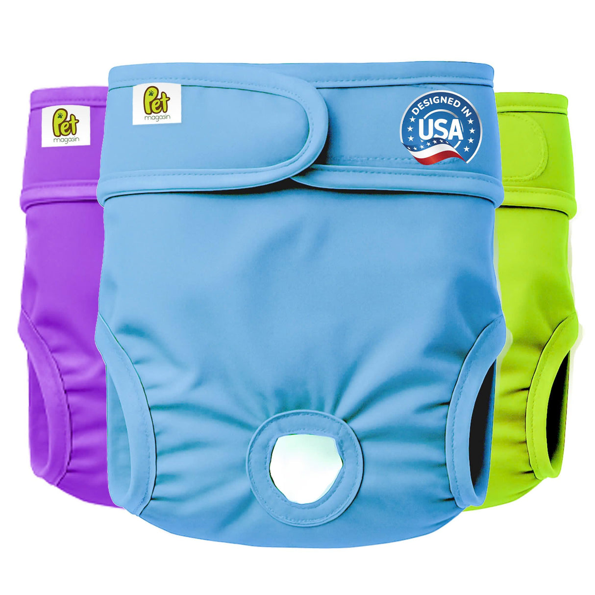 PET MAGASIN Reusable Dog Nappies in Green, Purple, and Blue colors, designed for small dogs.