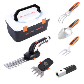Yard Force VITA HX V05S Tool Box with battery and various gardening tools in white